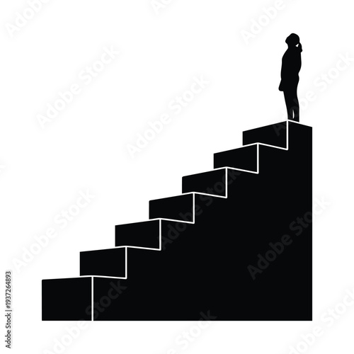 Silhouetted person standing at top of steep staircase with white outline