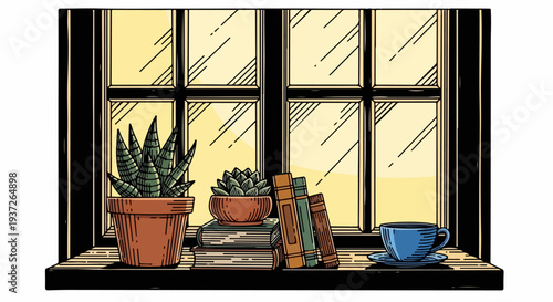 Windowsill with succulent plants stacked books and blue cup illustration