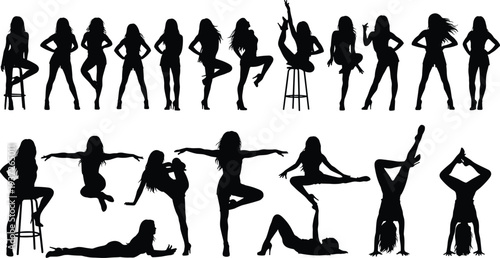 Black silhouette women figures collection showing standing, sitting, dancing, stretching, lying poses, expressive gestures, fitness, lifestyle, anatomy, artistic movement design