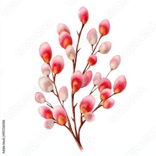 Pink and white fluffy flowers grow on branches in a bright setting during springtime