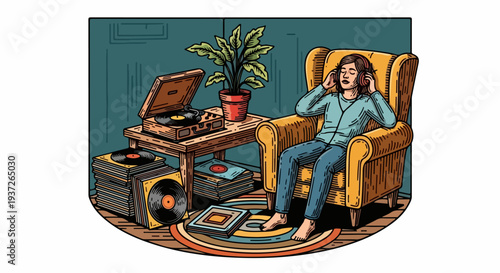 Woman in armchair listening to headphones beside record player and vinyl records illustration