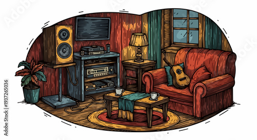 Living room with stereo system speakers armchair guitar and coffee table illustration
