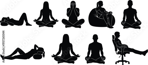 Meditation and relaxation silhouettes collection, people practicing yoga, mindfulness, resting and sitting poses, wellness lifestyle, stress relief illustration set