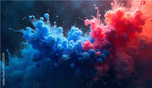 An abstract blue and red watercolor background features a colorful paint texture with flame patterns of fire and light merging into a sunset cloud design