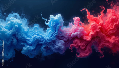 An abstract blue and red watercolor background features a colorful paint texture with flame patterns of fire and light merging into a sunset cloud design