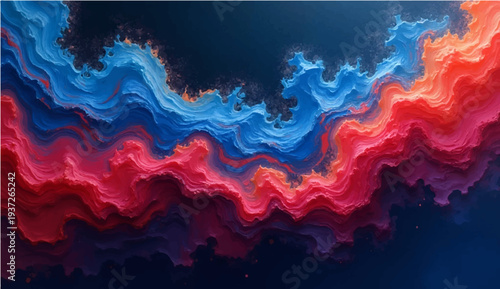 An abstract blue and red watercolor background features a colorful paint texture with flame patterns of fire and light merging into a sunset cloud design