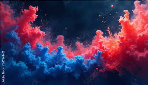 An abstract blue and red watercolor background features a colorful paint texture with flame patterns of fire and light merging into a sunset cloud design