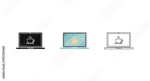 Set of three laptop icons displaying a steaming hot beverage on screen in various styles