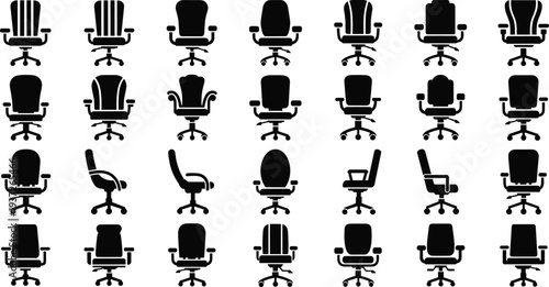Office chair silhouettes collection, swivel desk chair icons set, modern workplace furniture, ergonomic seating, business interior equipment illustration