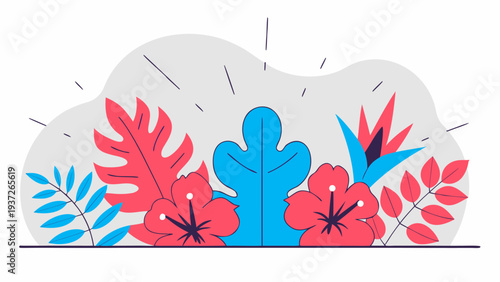 Vibrant tropical leaves and flowers illustration, a colorful depiction of exotic flora with a modern graphic style, perfect for design projects