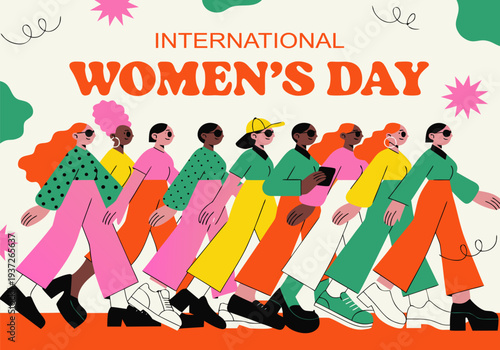 Celebrate International Women's Day with diverse women marching forward