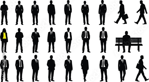 Business people silhouettes collection, businessman and businesswoman standing walking sitting poses, professional corporate characters isolated vector style set