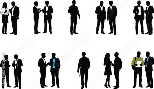 Business people conversation silhouettes collection, professionals discussing, networking and meeting isolated on white background for corporate communication concept