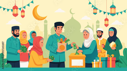 Ramadan charity for needy people, illustration of community giving donations to help others during the holy month