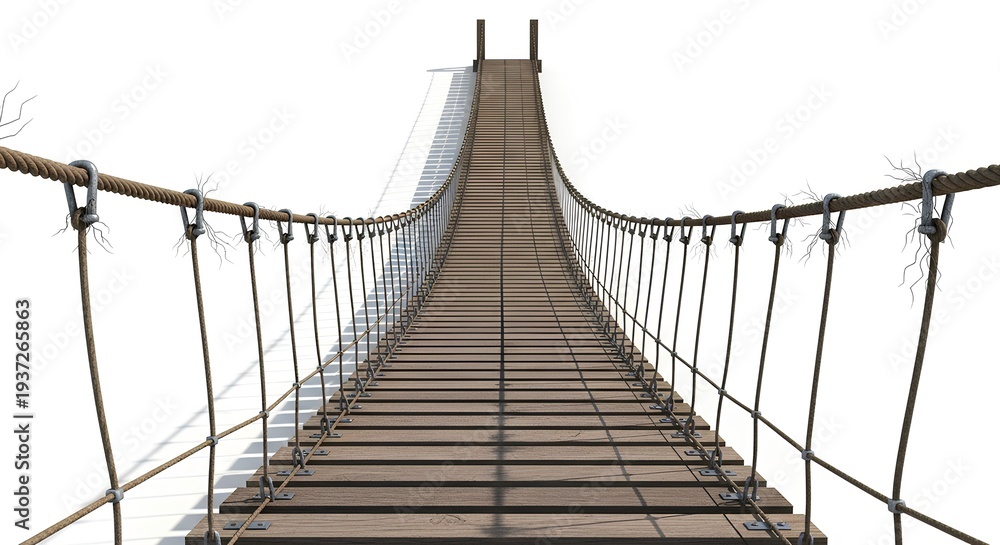 Obraz premium Suspension bridge with wooden planks and metal cables isolated