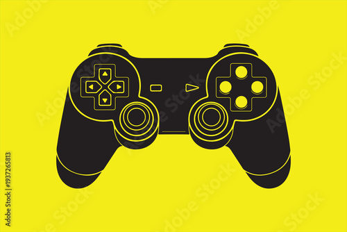 Black video game controller on bright yellow background