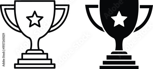 Golden trophy cup icon with star symbol in outline and solid black silhouette styles for sports victory vector illustration,