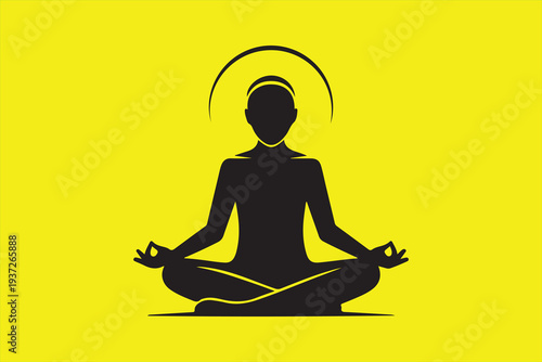 Black silhouette of a person meditating in lotus position on bright yellow background with halo