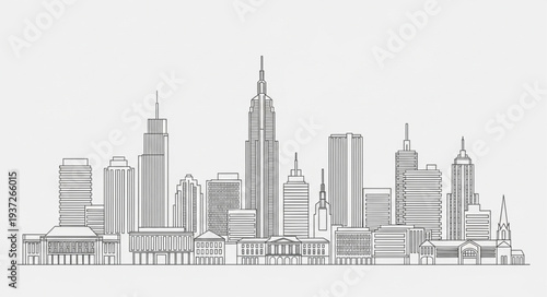 Line Drawing of a Modern City Skyline.