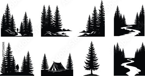 Pine forest silhouettes collection, nature landscape with evergreen trees, camping tent, hiking trail, river path, outdoor adventure illustration set