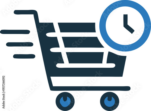 Express shopping cart icon featuring a clock, representing rapid online orders and timely delivery services.