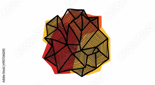 Abstract geometric polyhedron with hatched line art and warm color overlays