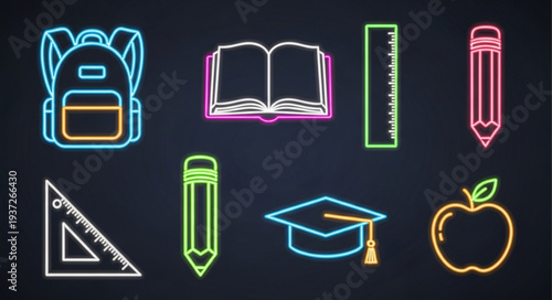 Colorful Neon School Supplies and Educational Icons.