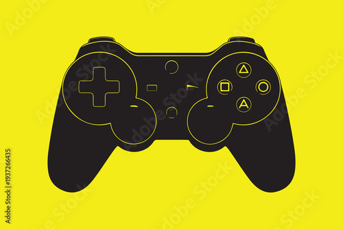 Black playstation game controller on bright yellow background