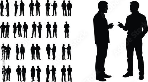 Business people talking silhouettes collection, businessmen and businesswomen conversation, meeting discussion poses, professional corporate communication characters isolated set