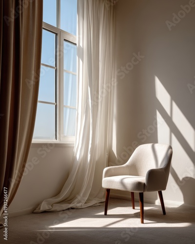 Light shines through a window onto a chair in a bright room with sheer curtains during daytime