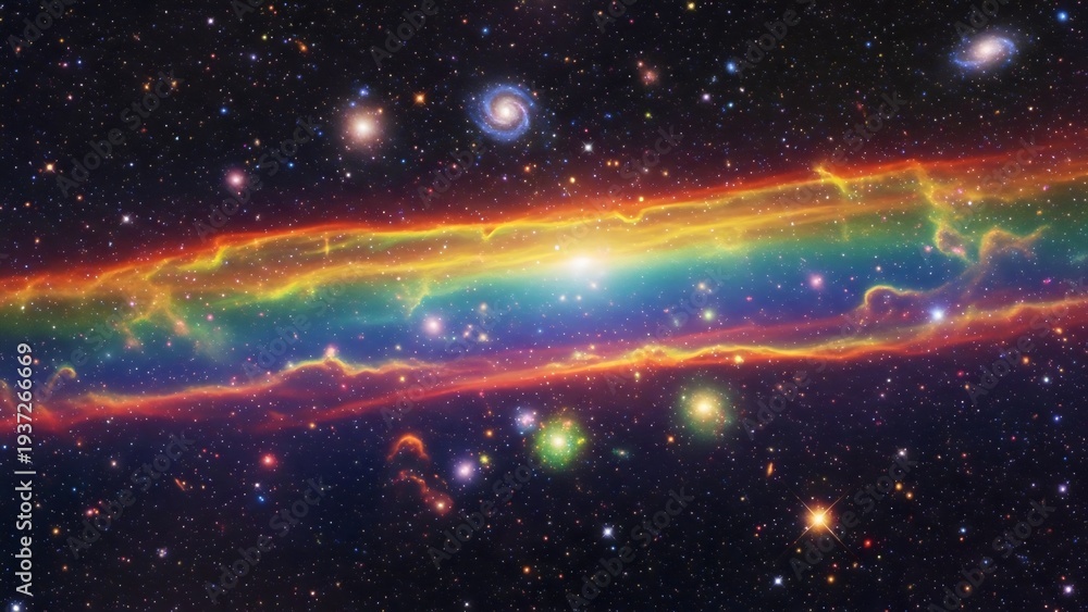 Fototapeta premium Vast Nebula Glows with Iridescent Rainbow Hues Amidst a Stellar Field