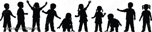 Children silhouettes collection, kids playing, standing, jumping and waving poses, boys and girls activity illustration isolated on white background