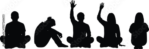 Children sitting silhouettes collection, kids seated poses set, boy and girl raising hand shadow figures isolated outline illustration bundle