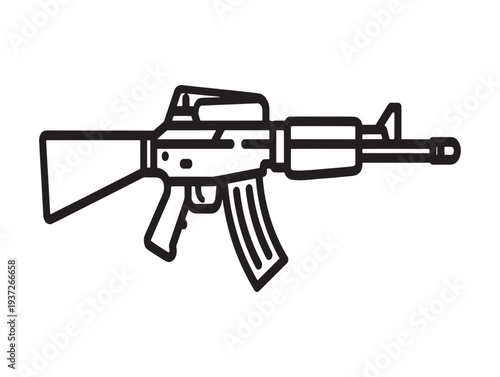 A black and white line drawing of an assault rifle with a magazine and stock