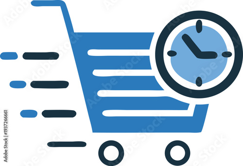 Clock shopping cart icon, symbolizing quick e-commerce solutions and time-efficient online purchasing experiences.