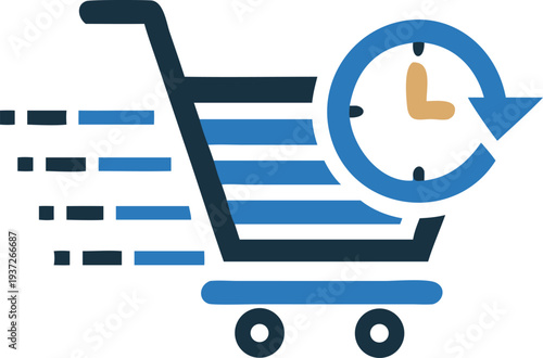 Conceptual icon of a shopping cart and clock, representing the fast-paced nature of online retail and delivery.