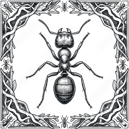 black and white ant on black background