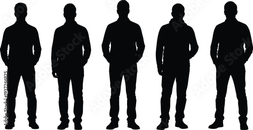 Collection of five standing male silhouettes, full body men outline set, isolated people shadow figures, casual standing pose illustration bundle black
