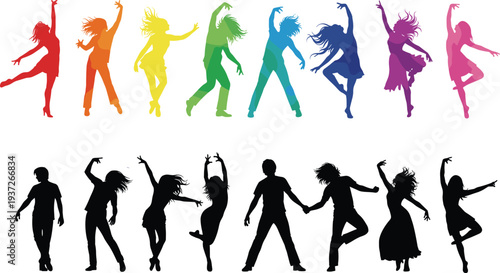 Dancing people silhouettes collection, colorful and black figures of men and women performing energetic dance poses isolated on white background