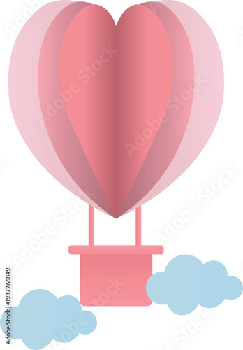A balloon in pink colors in the shape of a big heart in the sky with clouds