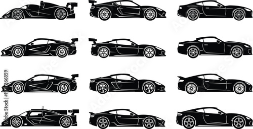Sports car silhouettes collection, modern supercar side view set, racing vehicle icons, luxury automobile design, performance transport illustration