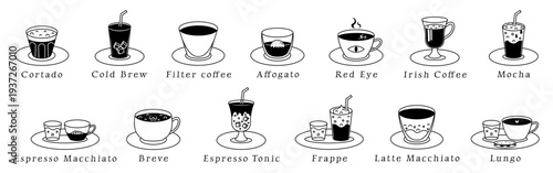 Rare coffee types, vector black line icon set. Cortado, Cold Brew, Filter Coffee, Affogato, Red Eye, Irish Coffee, Mocha, Espresso Macchiato, Breve, Espresso Tonic, Frappe, Latte Macchiato, Lungo