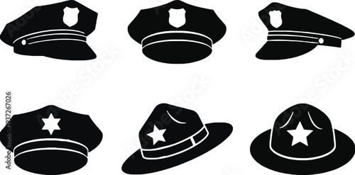 Police Hat Icons Set: Diverse Law Enforcement Caps and Badges Vector Illustration