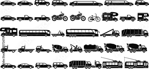 vehicles, transport icons, vehicle silhouettes, car truck bus motorcycle, transportation set, automobile collection, transport vector, vehicle icons, black silhouette
