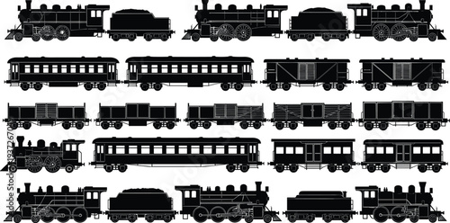 Vintage steam train silhouettes collection, classic locomotive railway transport set, retro rail cars, cargo wagons, passenger coaches, black train illustration