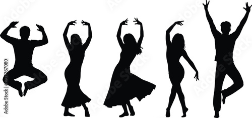 Dancing people silhouettes set, men and women performing expressive dance poses with raised arms, energetic movement characters isolated on white background