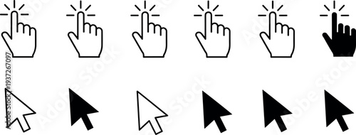 Set of cursor arrow and hand clicking icons in black and white line art and solid styles for web design