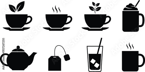 Tea and coffee set flat design vector illustration with steaming cups, kettle, and iced drink icons