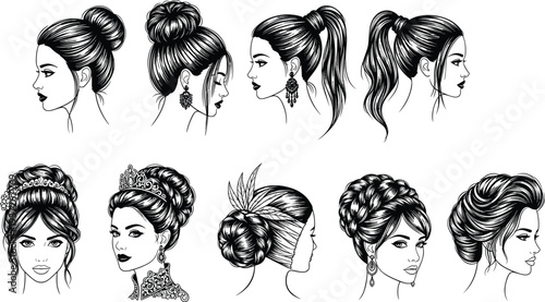 Women hairstyle illustration collection, elegant female hair bun and ponytail styles, beauty fashion salon design, stylish girl head sketch set