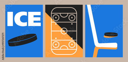 Geometric Hockey Equipment Graphic Set: Three Square Panels with Stylized Ice Hockey Icons, High-Contrast Typography, and Modern Rink Layout for Professional Team Promotion
